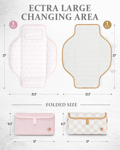 2 Pack Portable Diaper Changing Pad - Waterproof Travel Changing Mat with Built-in Pillow, Gifts for Baby Shower, Newborn Girls & Boys (Pink Stripes, Beige Checkers)