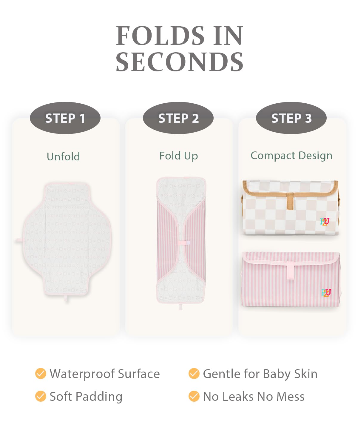 2 Pack Portable Diaper Changing Pad - Waterproof Travel Changing Mat with Built-in Pillow, Gifts for Baby Shower, Newborn Girls & Boys (Pink Stripes, Beige Checkers)