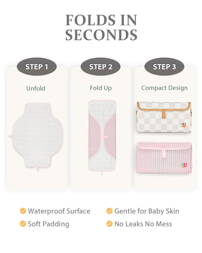 2 Pack Portable Diaper Changing Pad - Waterproof Travel Changing Mat with Built-in Pillow, Gifts for Baby Shower, Newborn Girls & Boys (Pink Stripes, Beige Checkers)