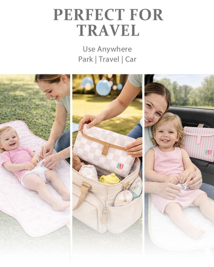 2 Pack Portable Diaper Changing Pad - Waterproof Travel Changing Mat with Built-in Pillow, Gifts for Baby Shower, Newborn Girls & Boys (Pink Stripes, Beige Checkers)