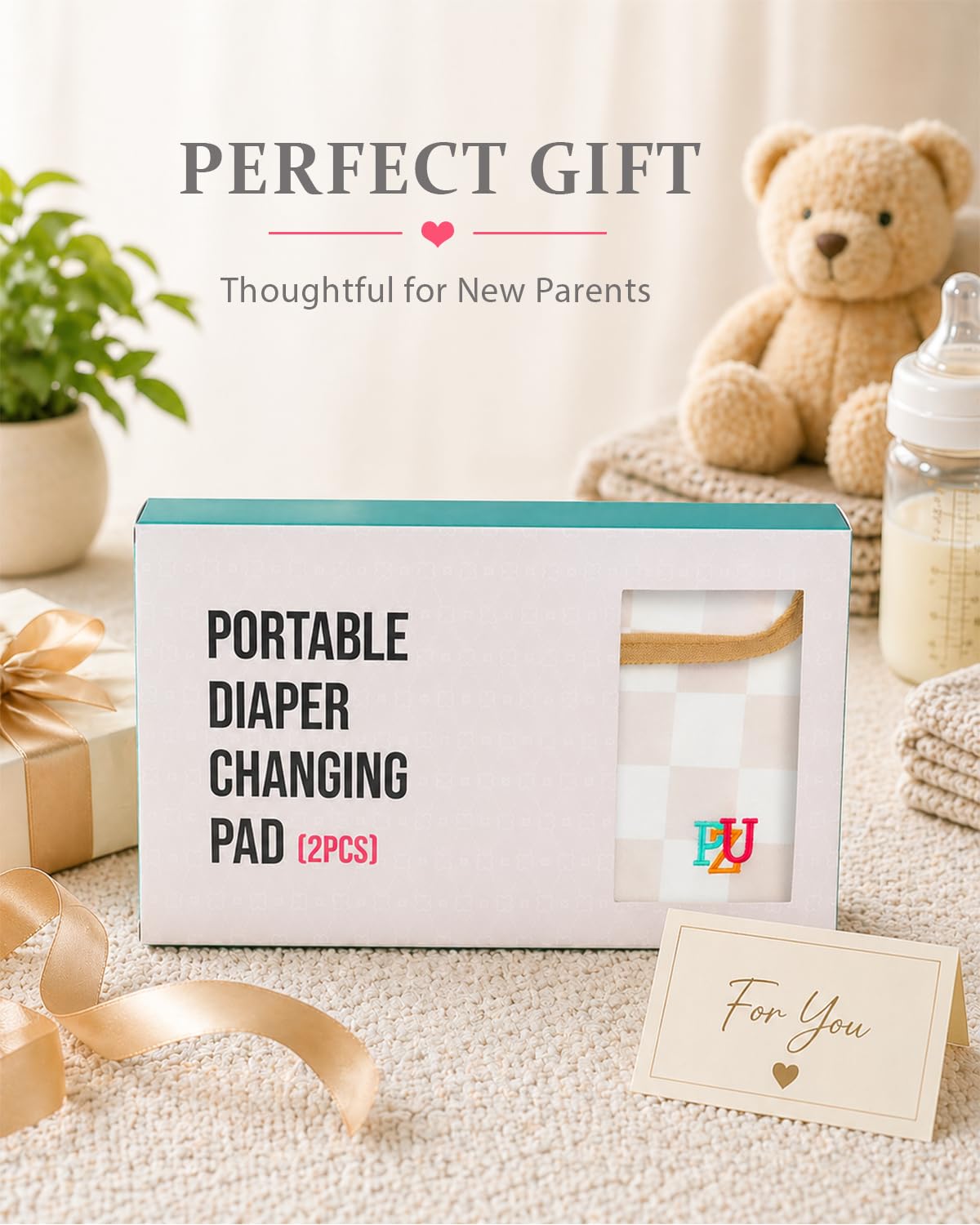 2 Pack Portable Diaper Changing Pad - Waterproof Travel Changing Mat with Built-in Pillow, Gifts for Baby Shower, Newborn Girls & Boys (Pink Stripes, Beige Checkers)