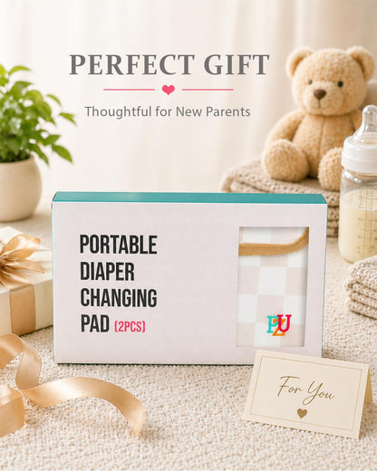 2 Pack Portable Diaper Changing Pad - Waterproof Travel Changing Mat with Built-in Pillow, Gifts for Baby Shower, Newborn Girls & Boys (Pink Stripes, Beige Checkers)