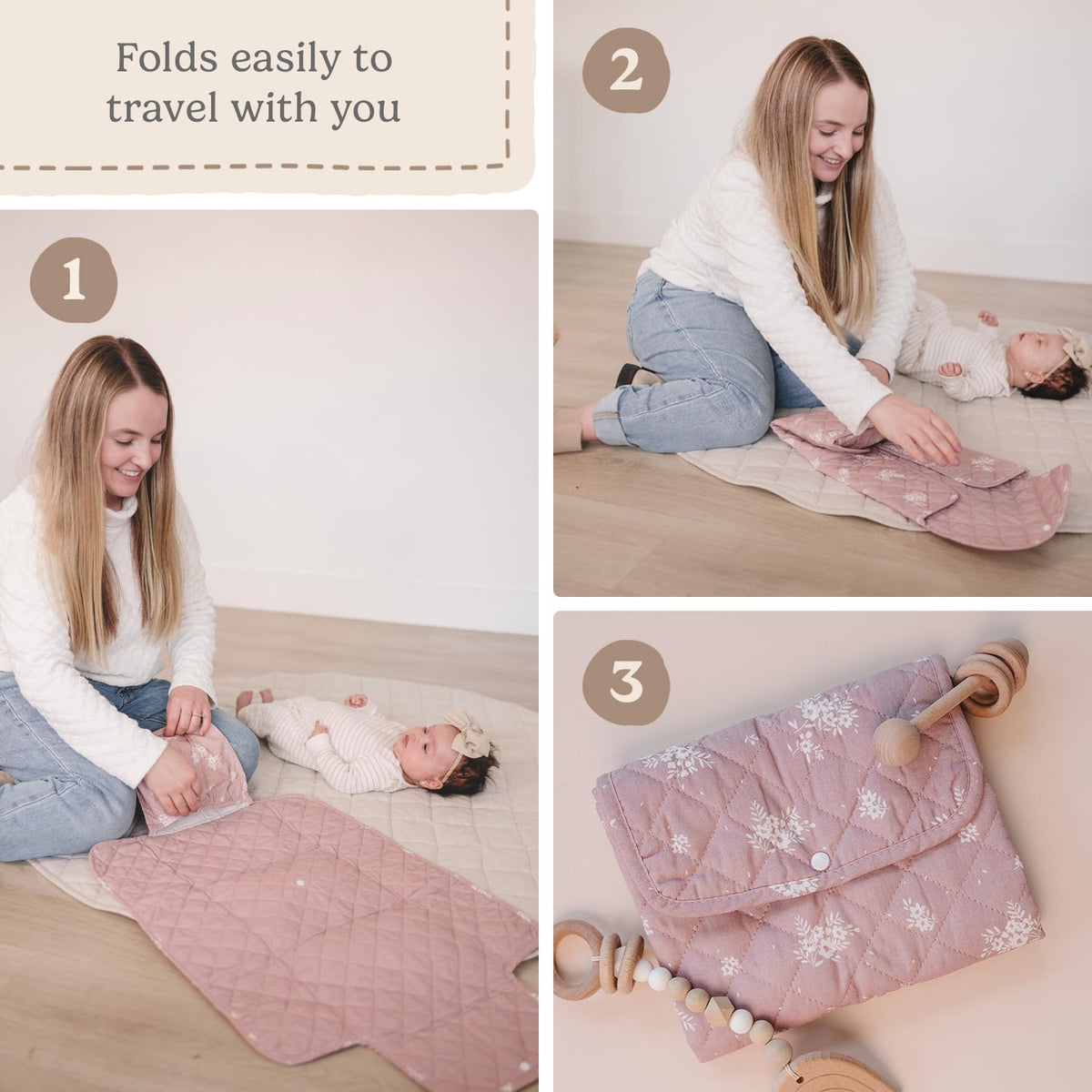 Portable Diaper Changing Pad - Waterproof Travel Baby Changing Mat - Foldable Compact Diaper Change Pad - Lightweight On The Go Change Station for Newborn Infant (Antique Rose)