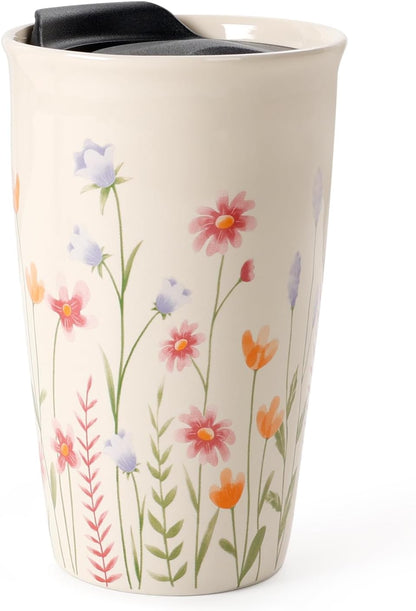Ceramic Coffee Mug with Lid, Marble Double Wall Coffee Travel Mug Ceramic Tumbler 12 oz, Reusable Tall Cup, Splash Resistant Lid, Dishwasher Microwaveable Safe