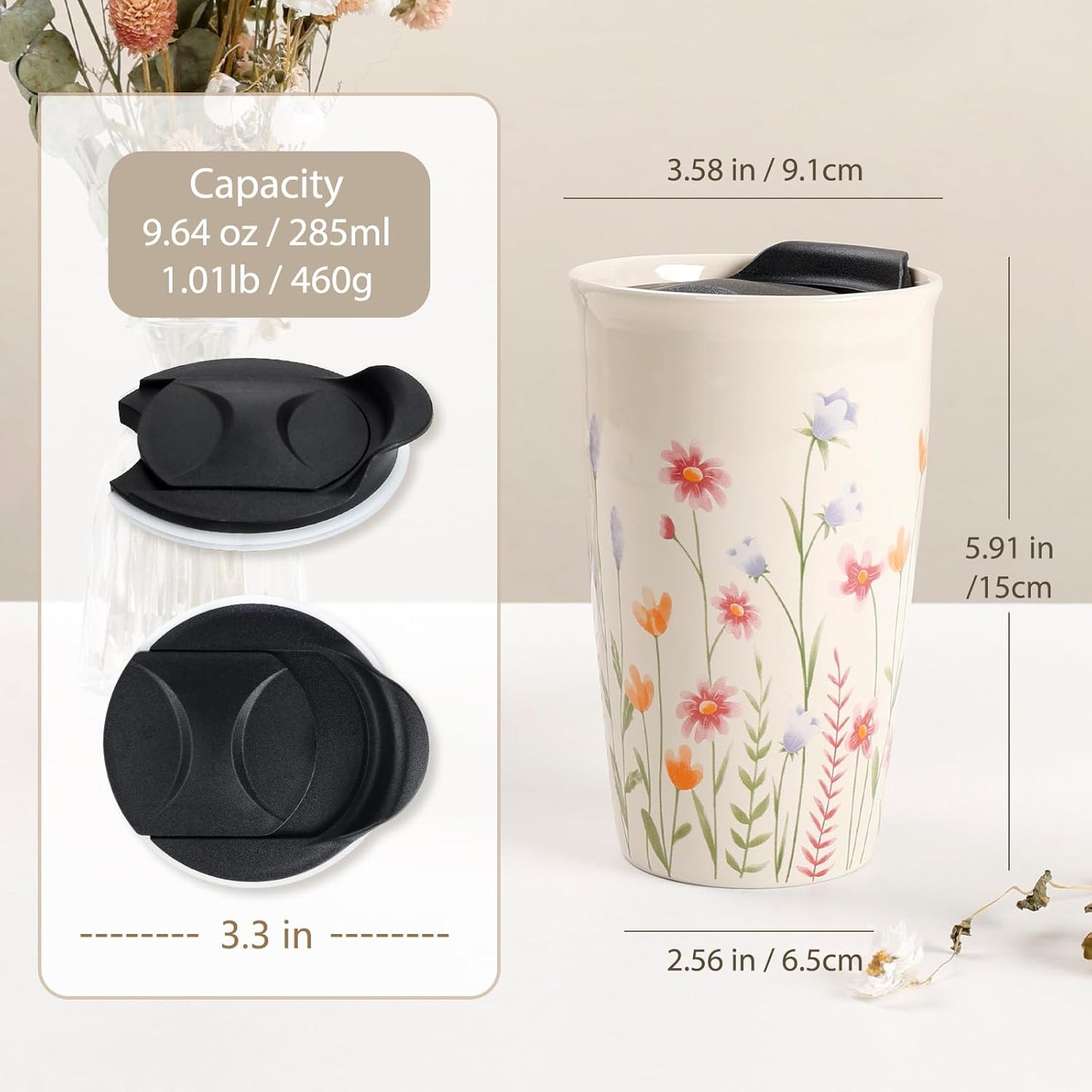 Ceramic Coffee Mug with Lid, Marble Double Wall Coffee Travel Mug Ceramic Tumbler 12 oz, Reusable Tall Cup, Splash Resistant Lid, Dishwasher Microwaveable Safe