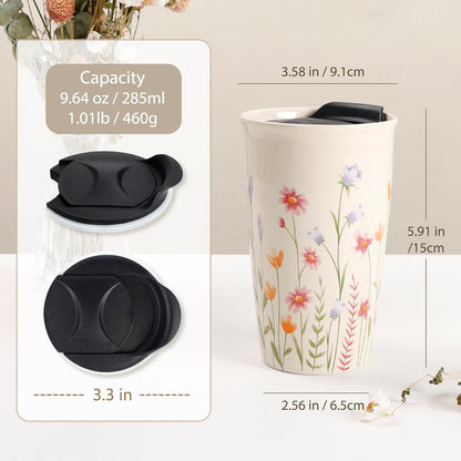 Ceramic Coffee Mug with Lid, Marble Double Wall Coffee Travel Mug Ceramic Tumbler 12 oz, Reusable Tall Cup, Splash Resistant Lid, Dishwasher Microwaveable Safe