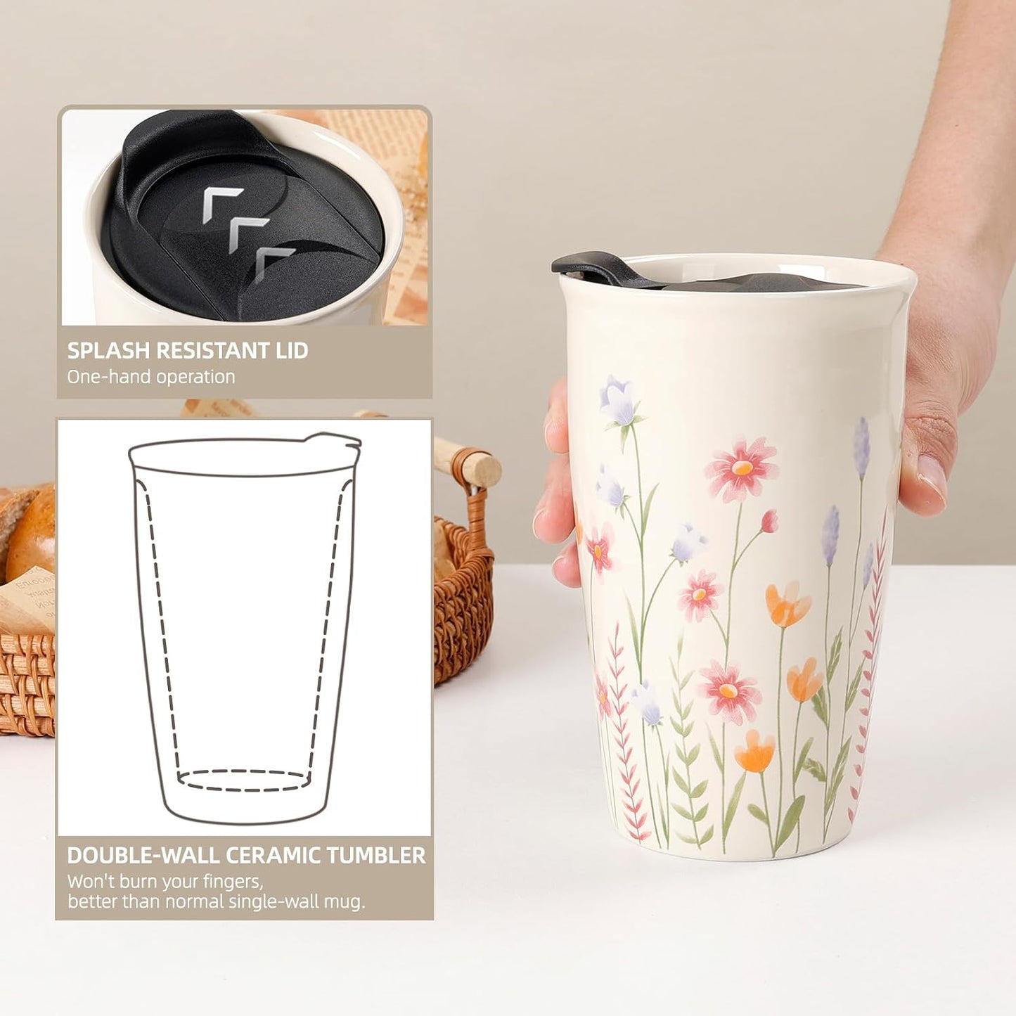 Ceramic Coffee Mug with Lid, Marble Double Wall Coffee Travel Mug Ceramic Tumbler 12 oz, Reusable Tall Cup, Splash Resistant Lid, Dishwasher Microwaveable Safe