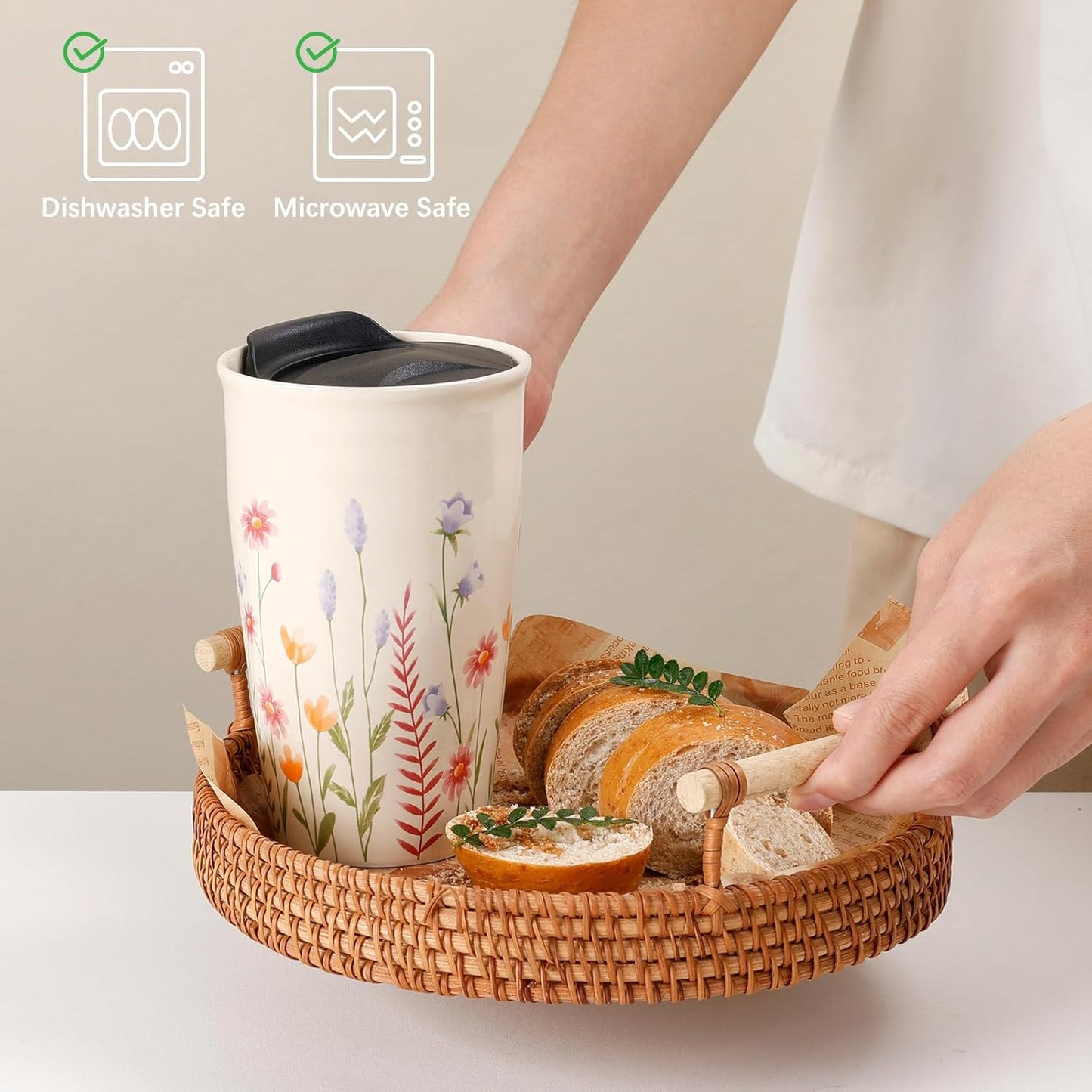Ceramic Coffee Mug with Lid, Marble Double Wall Coffee Travel Mug Ceramic Tumbler 12 oz, Reusable Tall Cup, Splash Resistant Lid, Dishwasher Microwaveable Safe