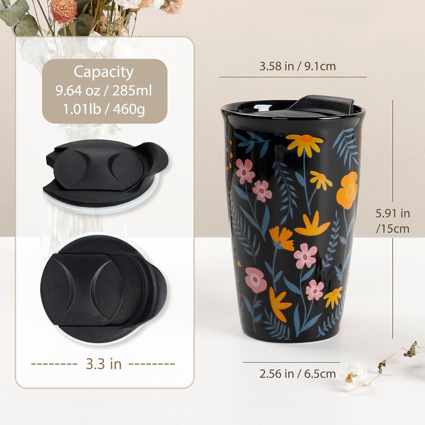 Ceramic Coffee Mug with Lid, Marble Double Wall Coffee Travel Mug Ceramic Tumbler 12 oz, Reusable Tall Cup, Splash Resistant Lid, Dishwasher Microwaveable Safe
