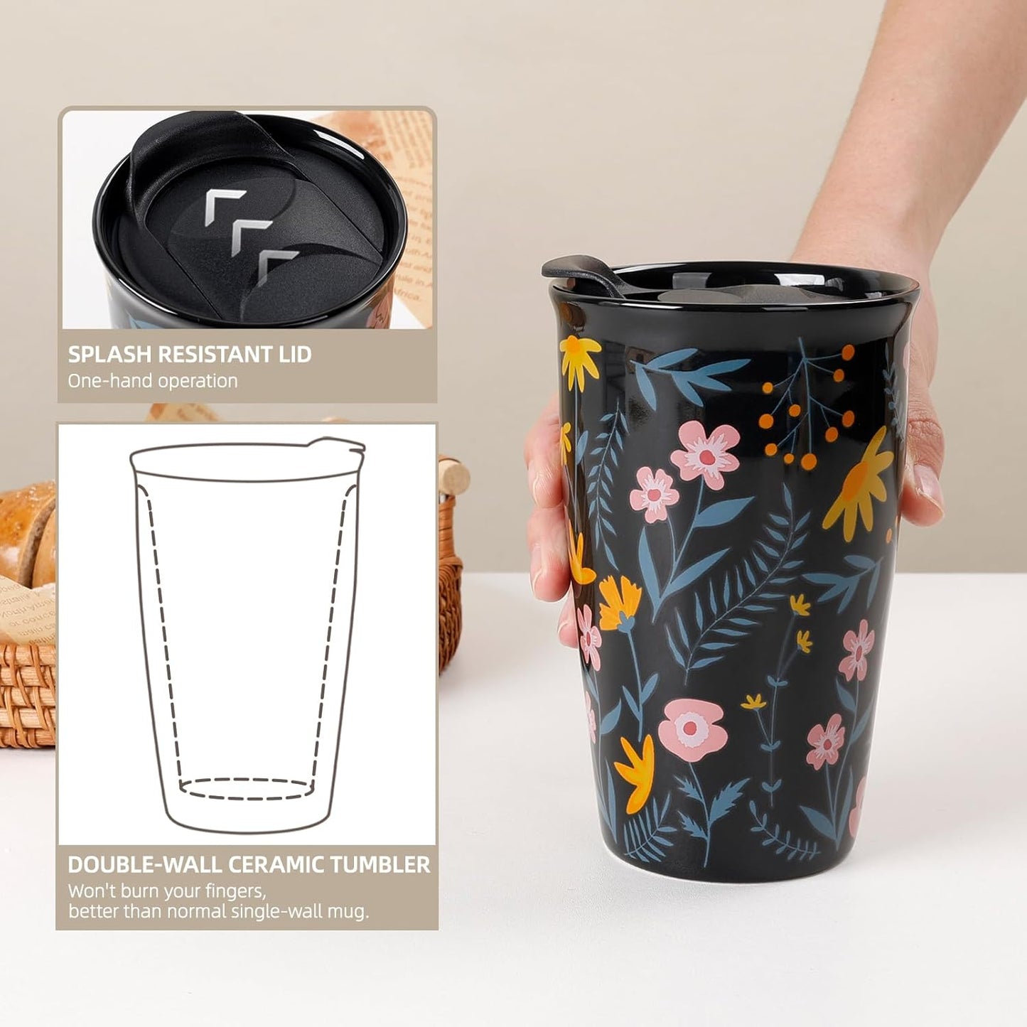 Ceramic Coffee Mug with Lid, Marble Double Wall Coffee Travel Mug Ceramic Tumbler 12 oz, Reusable Tall Cup, Splash Resistant Lid, Dishwasher Microwaveable Safe