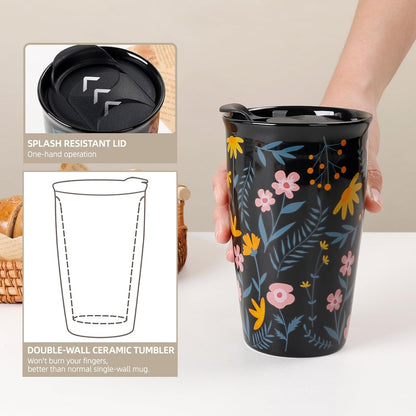 Ceramic Coffee Mug with Lid, Marble Double Wall Coffee Travel Mug Ceramic Tumbler 12 oz, Reusable Tall Cup, Splash Resistant Lid, Dishwasher Microwaveable Safe