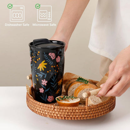 Ceramic Coffee Mug with Lid, Marble Double Wall Coffee Travel Mug Ceramic Tumbler 12 oz, Reusable Tall Cup, Splash Resistant Lid, Dishwasher Microwaveable Safe