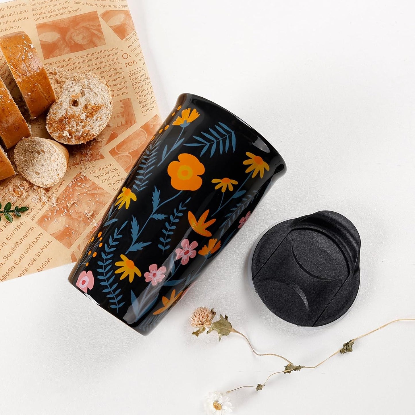 Ceramic Coffee Mug with Lid, Marble Double Wall Coffee Travel Mug Ceramic Tumbler 12 oz, Reusable Tall Cup, Splash Resistant Lid, Dishwasher Microwaveable Safe