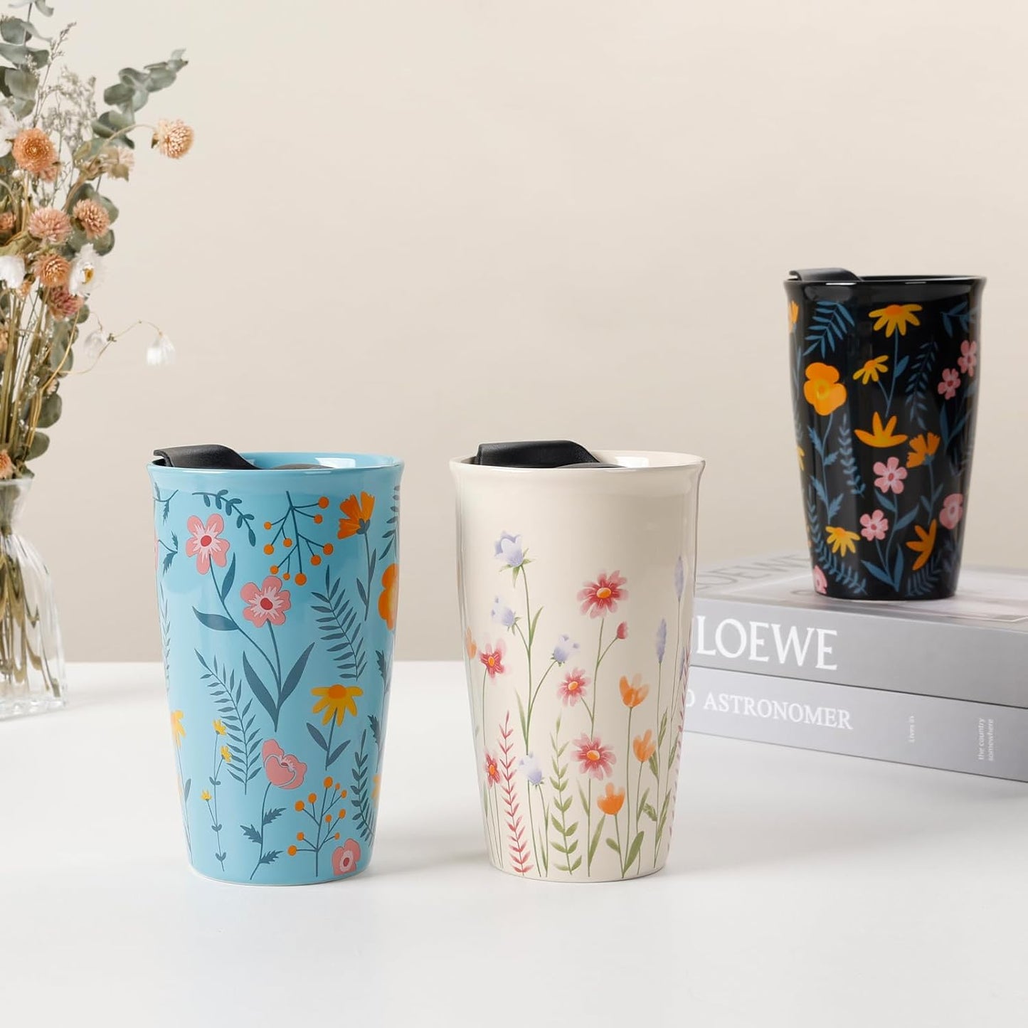 Ceramic Coffee Mug with Lid, Marble Double Wall Coffee Travel Mug Ceramic Tumbler 12 oz, Reusable Tall Cup, Splash Resistant Lid, Dishwasher Microwaveable Safe