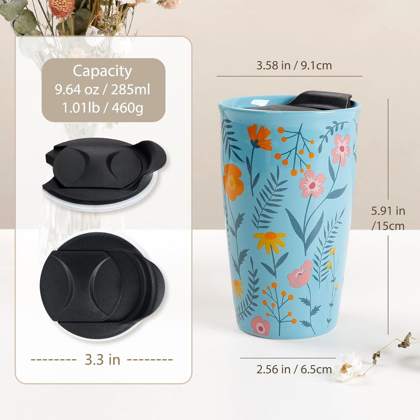 Ceramic Coffee Mug with Lid, Marble Double Wall Coffee Travel Mug Ceramic Tumbler 12 oz, Reusable Tall Cup, Splash Resistant Lid, Dishwasher Microwaveable Safe