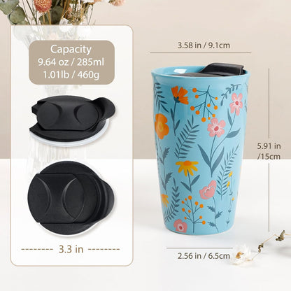 Ceramic Coffee Mug with Lid, Marble Double Wall Coffee Travel Mug Ceramic Tumbler 12 oz, Reusable Tall Cup, Splash Resistant Lid, Dishwasher Microwaveable Safe