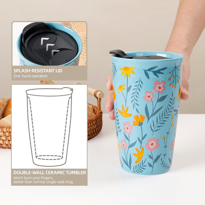 Ceramic Coffee Mug with Lid, Marble Double Wall Coffee Travel Mug Ceramic Tumbler 12 oz, Reusable Tall Cup, Splash Resistant Lid, Dishwasher Microwaveable Safe