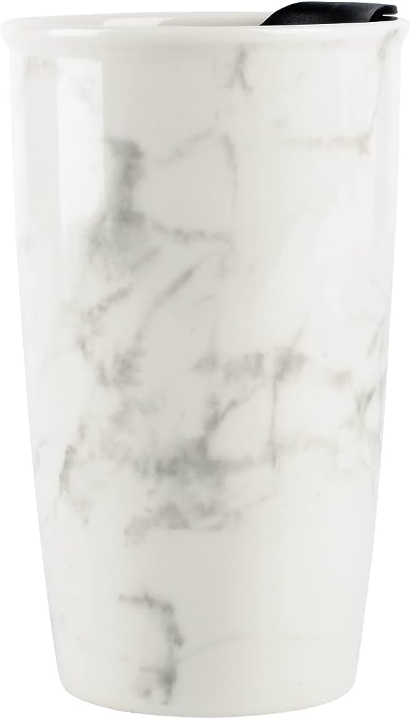 Ceramic Coffee Mug with Lid, Marble Double Wall Coffee Travel Mug Ceramic Tumbler 12 oz, Reusable Tall Cup, Splash Resistant Lid, Dishwasher Microwaveable Safe