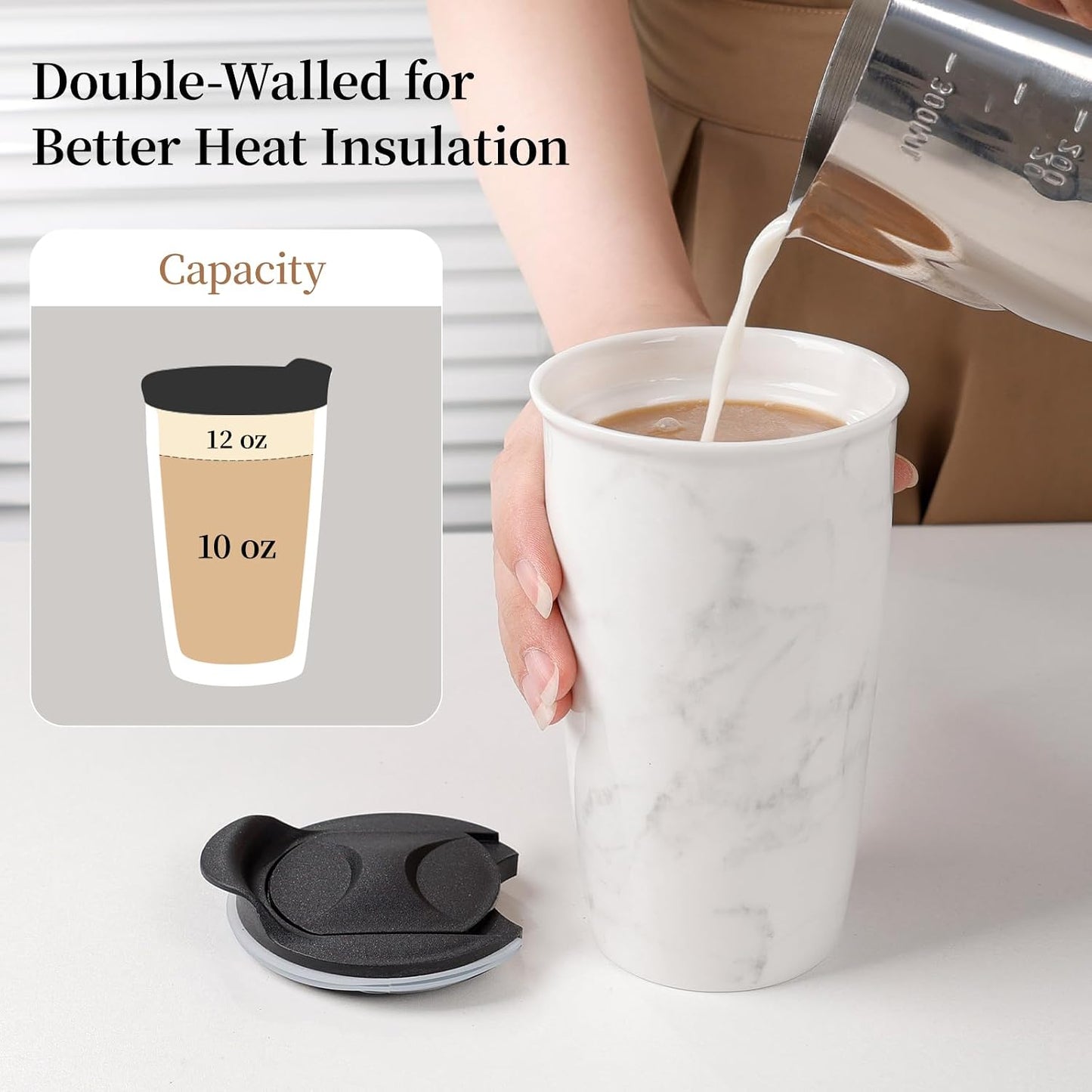 Ceramic Coffee Mug with Lid, Marble Double Wall Coffee Travel Mug Ceramic Tumbler 12 oz, Reusable Tall Cup, Splash Resistant Lid, Dishwasher Microwaveable Safe
