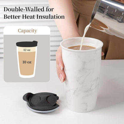 Ceramic Coffee Mug with Lid, Marble Double Wall Coffee Travel Mug Ceramic Tumbler 12 oz, Reusable Tall Cup, Splash Resistant Lid, Dishwasher Microwaveable Safe