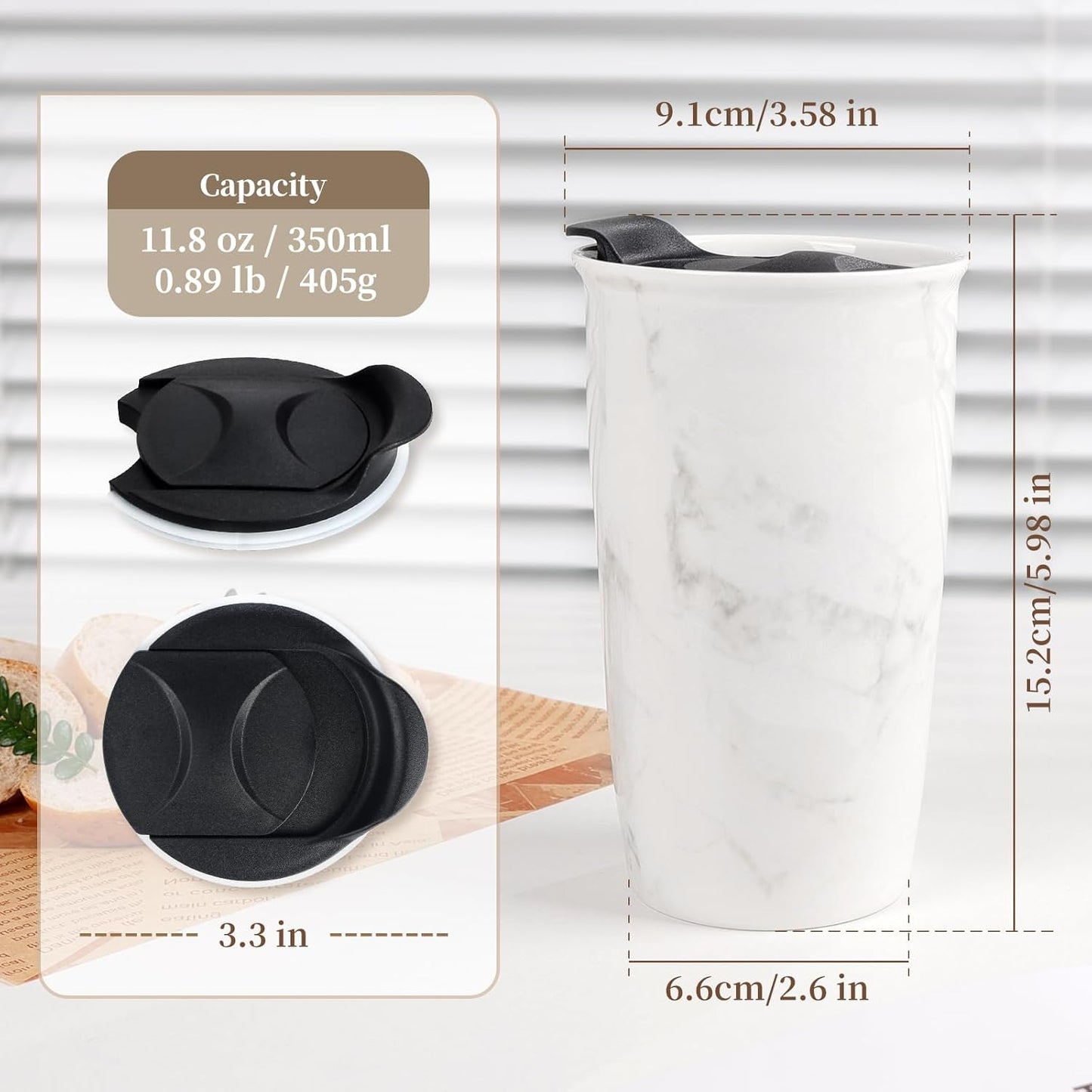 Ceramic Coffee Mug with Lid, Marble Double Wall Coffee Travel Mug Ceramic Tumbler 12 oz, Reusable Tall Cup, Splash Resistant Lid, Dishwasher Microwaveable Safe