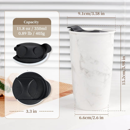 Ceramic Coffee Mug with Lid, Marble Double Wall Coffee Travel Mug Ceramic Tumbler 12 oz, Reusable Tall Cup, Splash Resistant Lid, Dishwasher Microwaveable Safe