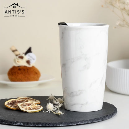Ceramic Coffee Mug with Lid, Marble Double Wall Coffee Travel Mug Ceramic Tumbler 12 oz, Reusable Tall Cup, Splash Resistant Lid, Dishwasher Microwaveable Safe
