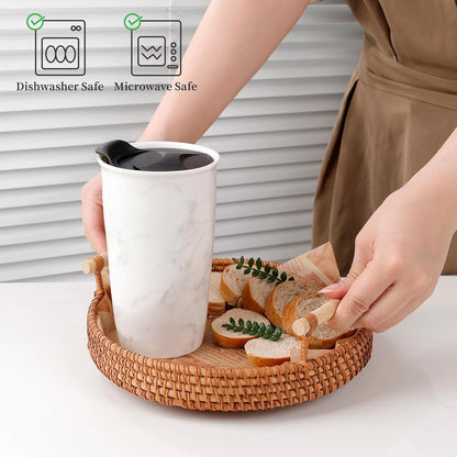 Ceramic Coffee Mug with Lid, Marble Double Wall Coffee Travel Mug Ceramic Tumbler 12 oz, Reusable Tall Cup, Splash Resistant Lid, Dishwasher Microwaveable Safe