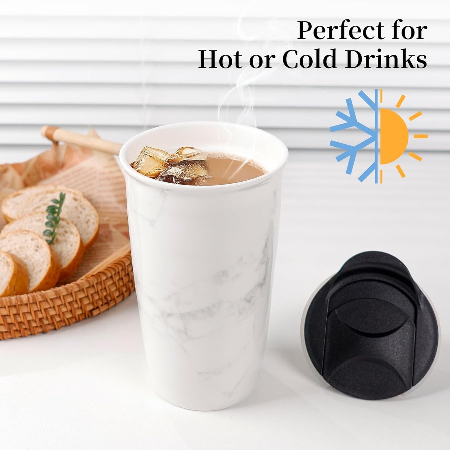 Ceramic Coffee Mug with Lid, Marble Double Wall Coffee Travel Mug Ceramic Tumbler 12 oz, Reusable Tall Cup, Splash Resistant Lid, Dishwasher Microwaveable Safe