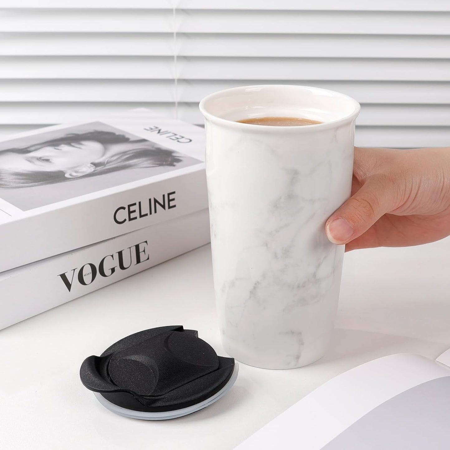 Ceramic Coffee Mug with Lid, Marble Double Wall Coffee Travel Mug Ceramic Tumbler 12 oz, Reusable Tall Cup, Splash Resistant Lid, Dishwasher Microwaveable Safe
