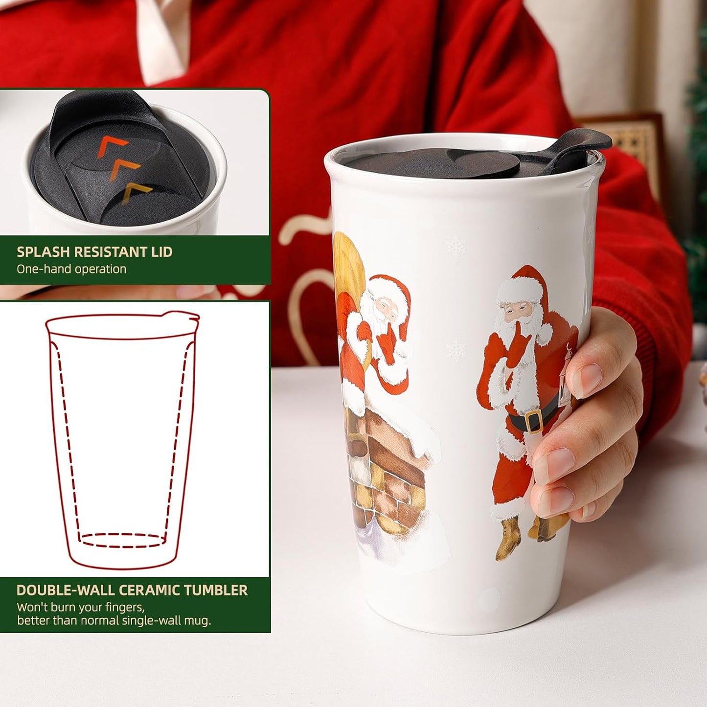 Ceramic Coffee Mug with Lid, Marble Double Wall Coffee Travel Mug Ceramic Tumbler 12 oz, Reusable Tall Cup, Splash Resistant Lid, Dishwasher Microwaveable Safe