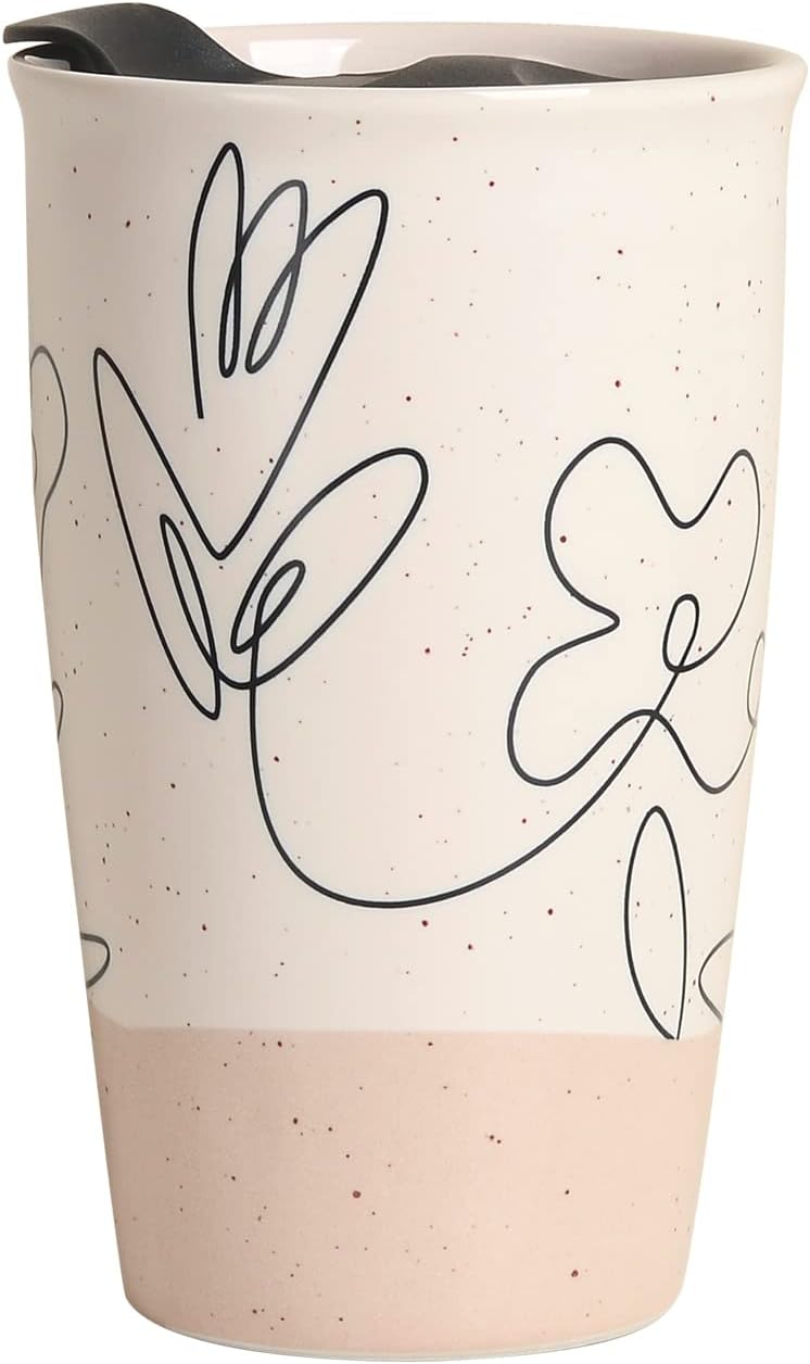 Ceramic Coffee Mug with Lid, Marble Double Wall Coffee Travel Mug Ceramic Tumbler 12 oz, Reusable Tall Cup, Splash Resistant Lid, Dishwasher Microwaveable Safe