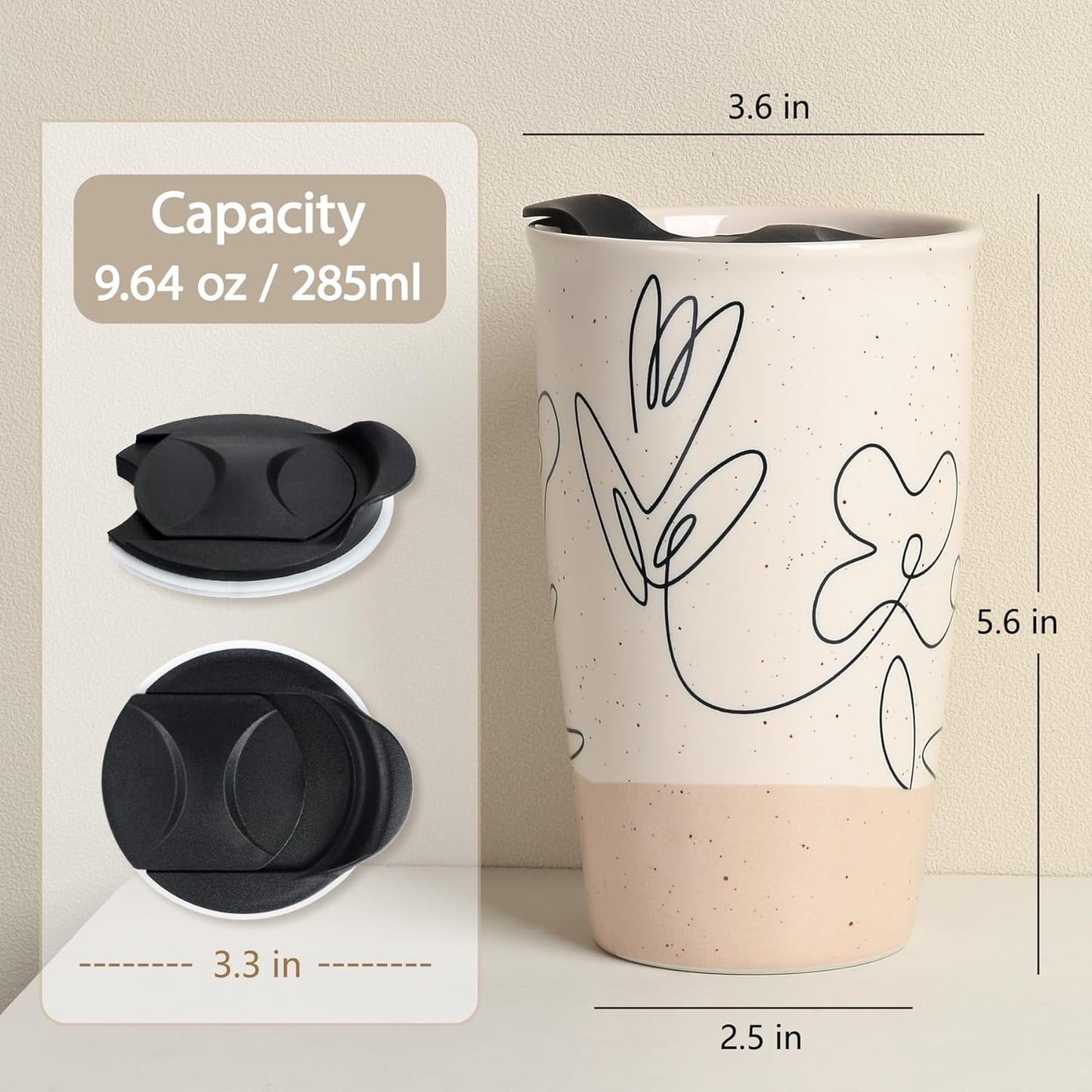 Ceramic Coffee Mug with Lid, Marble Double Wall Coffee Travel Mug Ceramic Tumbler 12 oz, Reusable Tall Cup, Splash Resistant Lid, Dishwasher Microwaveable Safe