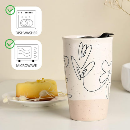 Ceramic Coffee Mug with Lid, Marble Double Wall Coffee Travel Mug Ceramic Tumbler 12 oz, Reusable Tall Cup, Splash Resistant Lid, Dishwasher Microwaveable Safe