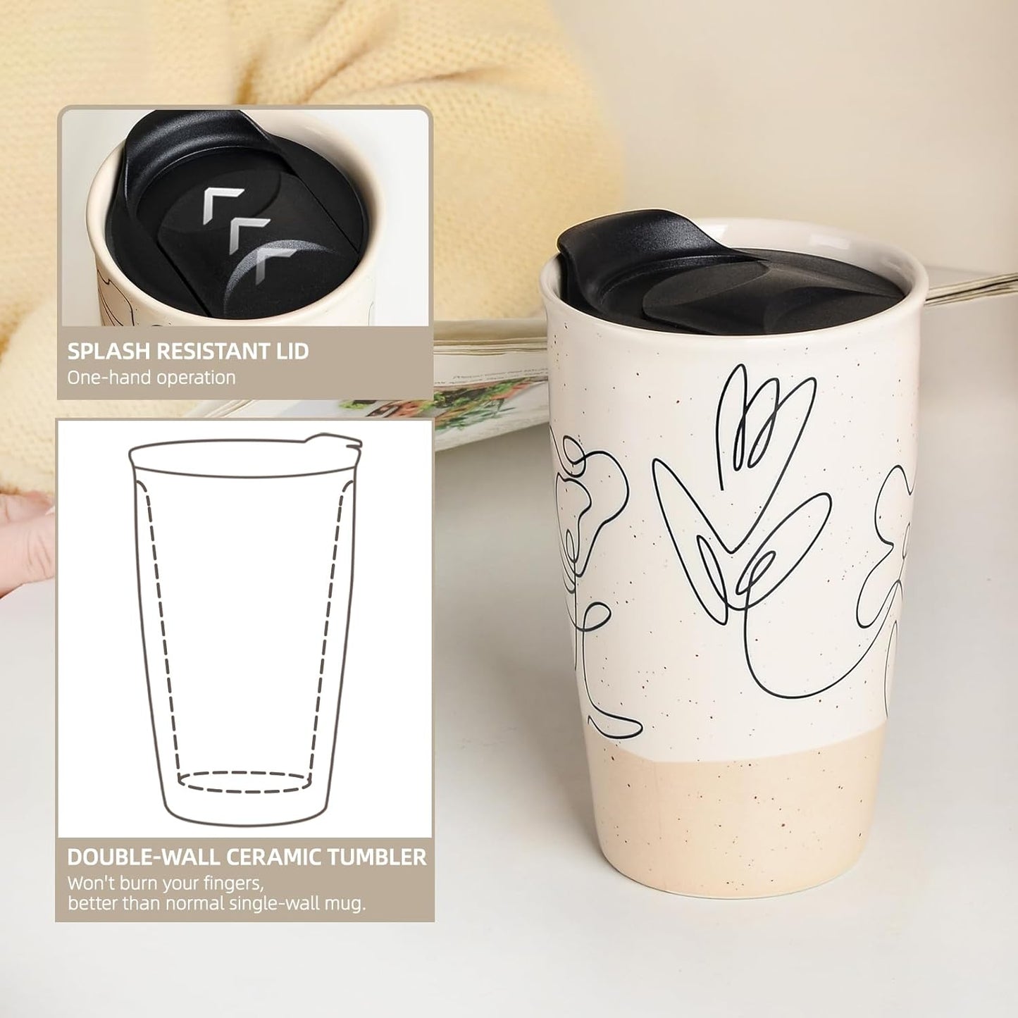 Ceramic Coffee Mug with Lid, Marble Double Wall Coffee Travel Mug Ceramic Tumbler 12 oz, Reusable Tall Cup, Splash Resistant Lid, Dishwasher Microwaveable Safe