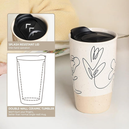 Ceramic Coffee Mug with Lid, Marble Double Wall Coffee Travel Mug Ceramic Tumbler 12 oz, Reusable Tall Cup, Splash Resistant Lid, Dishwasher Microwaveable Safe