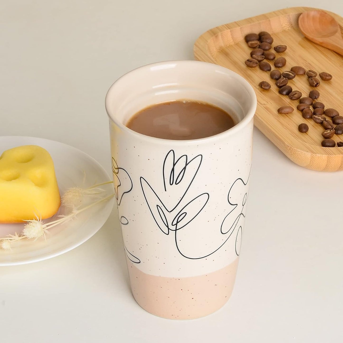 Ceramic Coffee Mug with Lid, Marble Double Wall Coffee Travel Mug Ceramic Tumbler 12 oz, Reusable Tall Cup, Splash Resistant Lid, Dishwasher Microwaveable Safe
