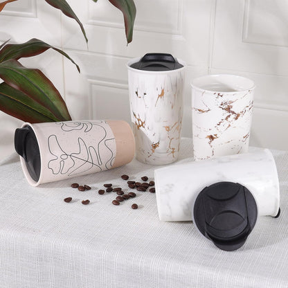 Ceramic Coffee Mug with Lid, Marble Double Wall Coffee Travel Mug Ceramic Tumbler 12 oz, Reusable Tall Cup, Splash Resistant Lid, Dishwasher Microwaveable Safe