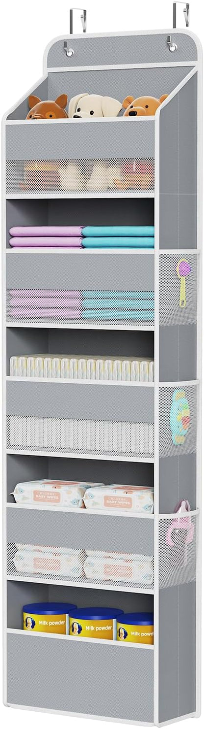 Fabric Over Door Hanging Organizer for Baby Nursery, Grey, 6-Shelf
