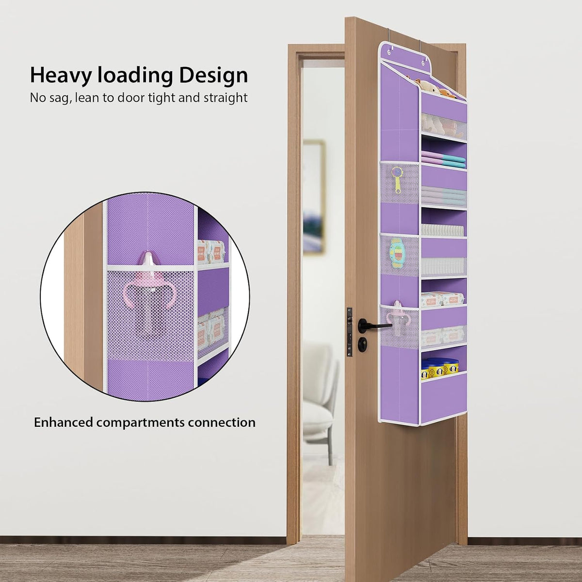 Fabric Over Door Hanging Organizer for Baby Nursery, Grey, 6-Shelf