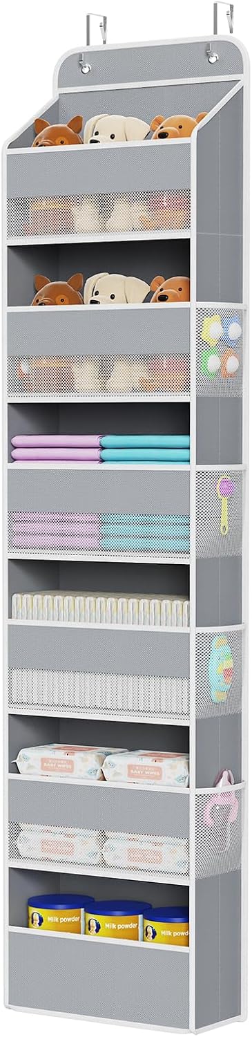 Fabric Over Door Hanging Organizer for Baby Nursery, Grey, 6-Shelf