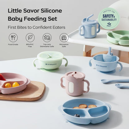 6PCS Silicone Baby Feeding Set | Suction Plate, Bowl, Bib, Sippy Cup, Forks & Spoons | BPA-Free Toddler Tableware (Pink)