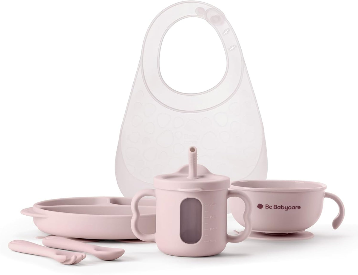 6PCS Silicone Baby Feeding Set | Suction Plate, Bowl, Bib, Sippy Cup, Forks & Spoons | BPA-Free Toddler Tableware (Pink)