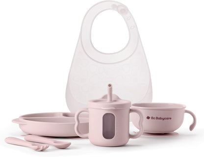 6PCS Silicone Baby Feeding Set | Suction Plate, Bowl, Bib, Sippy Cup, Forks & Spoons | BPA-Free Toddler Tableware (Pink)