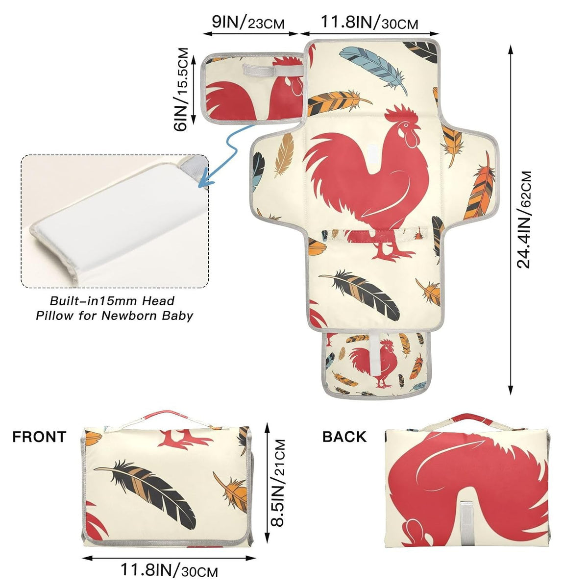 Rooster Feathers Print Portable Diaper Changing Pad for Walks
