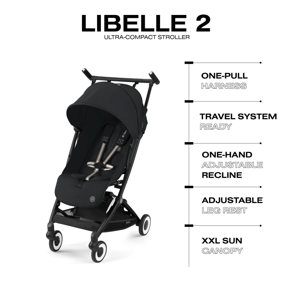 Libelle 2 Travel Baby Stroller - Lightweight Carry-On Travel Stroller for Airplane with One-Hand Recline, Compatible with Car Seats, Magic Black