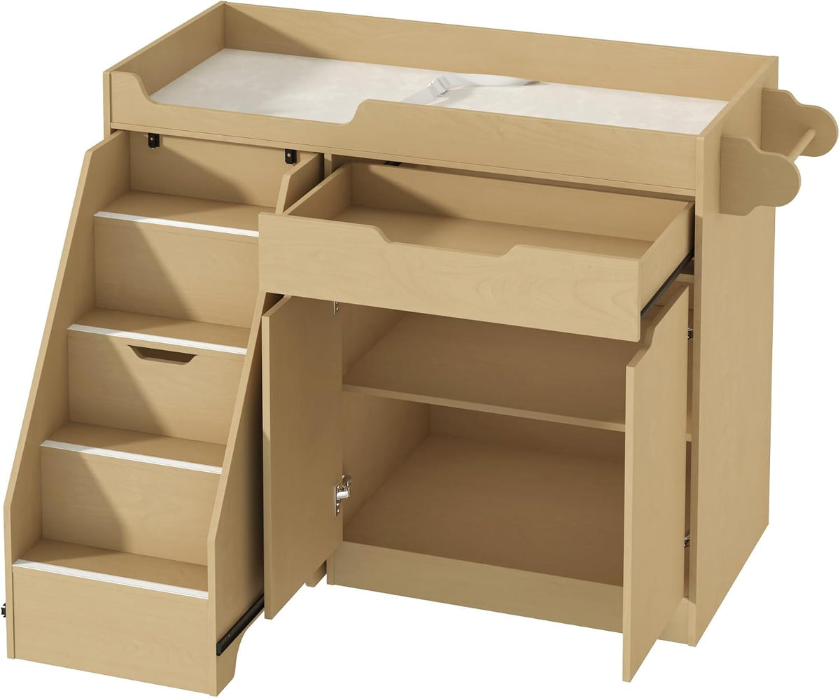 Baby Changing Table with Drawers & Storage, Diaper Changing Station with Stairs, Toddler Wooden Changing Table with Paper Roller for Daycare & Home, Oak