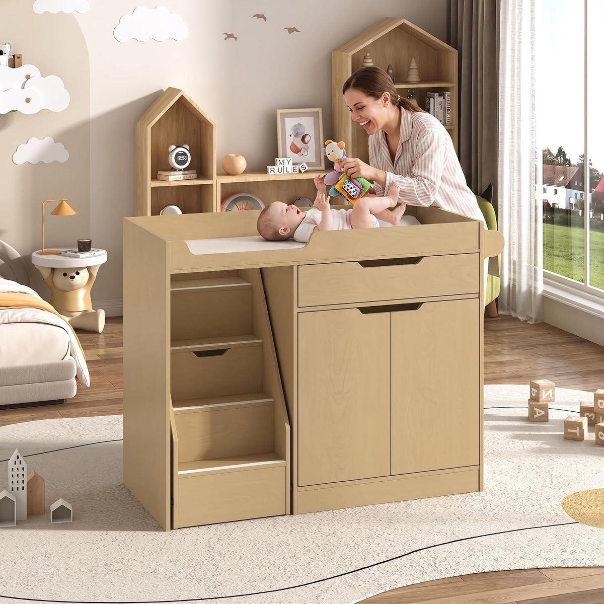 Baby Changing Table with Drawers & Storage, Diaper Changing Station with Stairs, Toddler Wooden Changing Table with Paper Roller for Daycare & Home, Oak