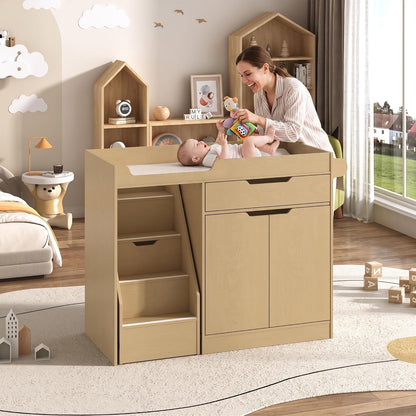 Baby Changing Table with Drawers & Storage, Diaper Changing Station with Stairs, Toddler Wooden Changing Table with Paper Roller for Daycare & Home, Oak
