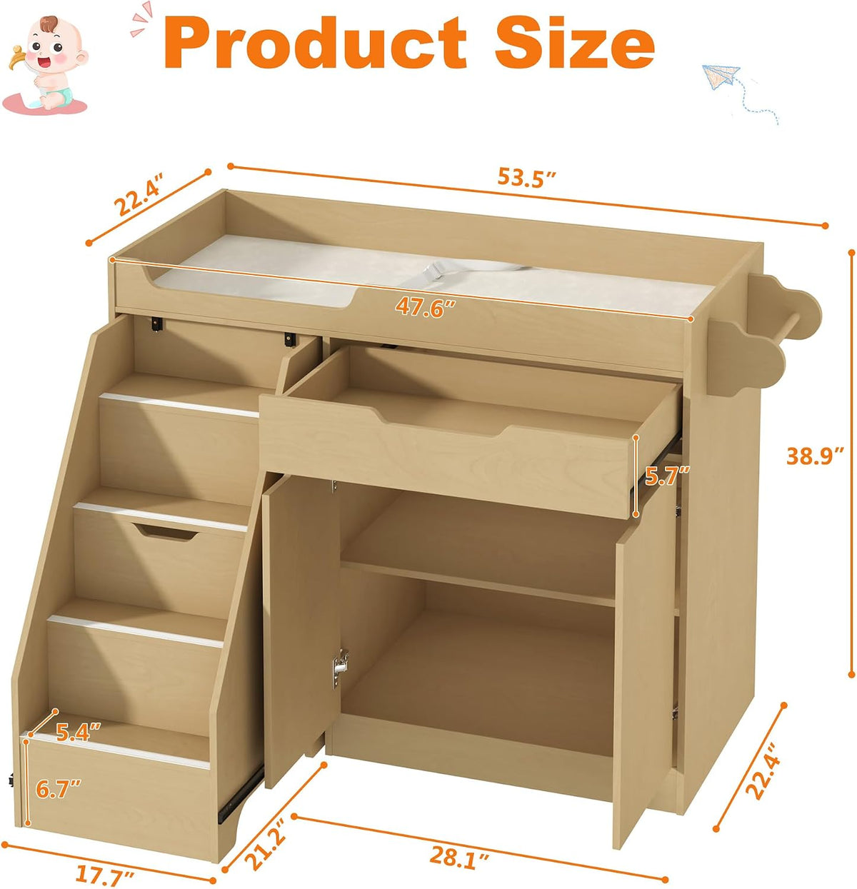 Baby Changing Table with Drawers & Storage, Diaper Changing Station with Stairs, Toddler Wooden Changing Table with Paper Roller for Daycare & Home, Oak
